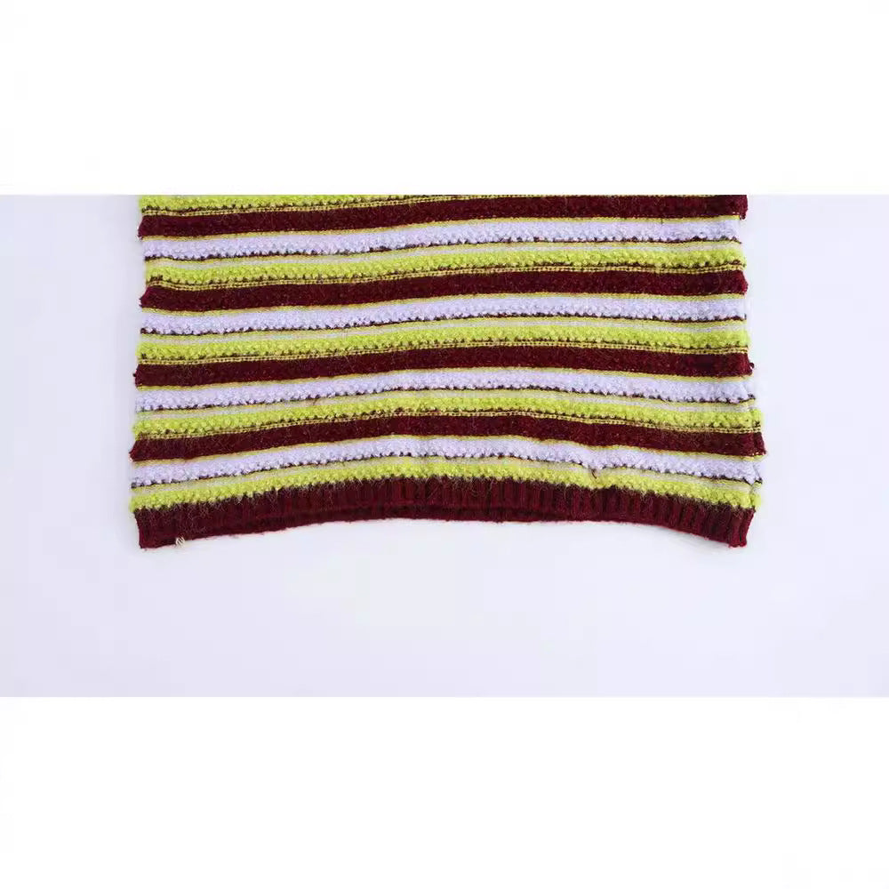 Retro loose lazy contrasting striped looped chicken neckline V-knit sweater