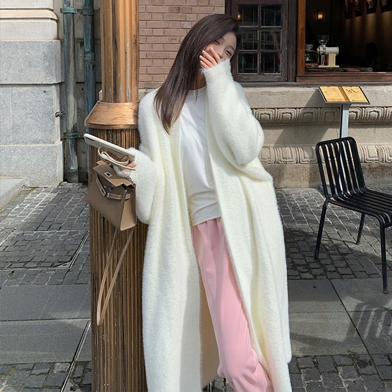 Knee length faux mink fur cardigan sweater loose knit jacket outerwear