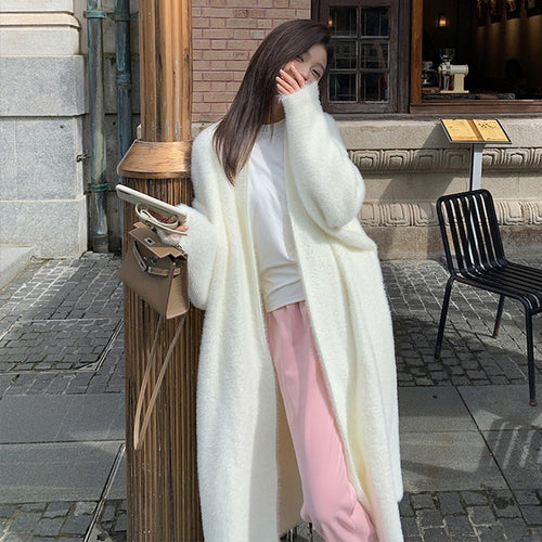Knee length faux mink fur cardigan sweater loose knit jacket outerwear