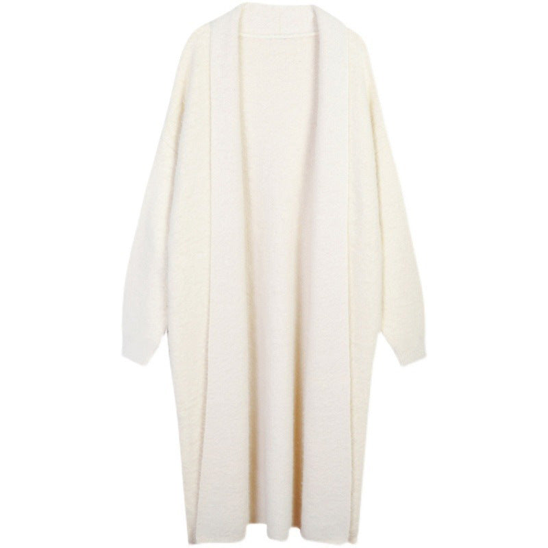 Knee length faux mink fur cardigan sweater loose knit jacket outerwear